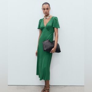 Mango green linen midi dress